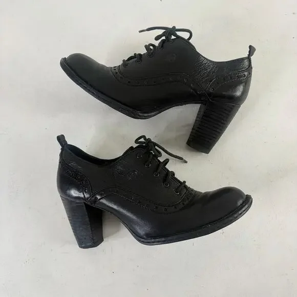 🦉Born Black Leather Oxford Lace Up Block Heel Pumps Sz 9.5 - Picture 9 of 10